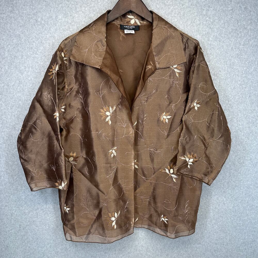 Nira Nira New York Blouse Womens Size Large Brown Floral Embroidered 100% Silk